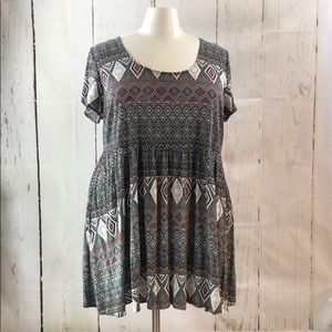 Pink and Mint Geometric Plus Size Skater Dress